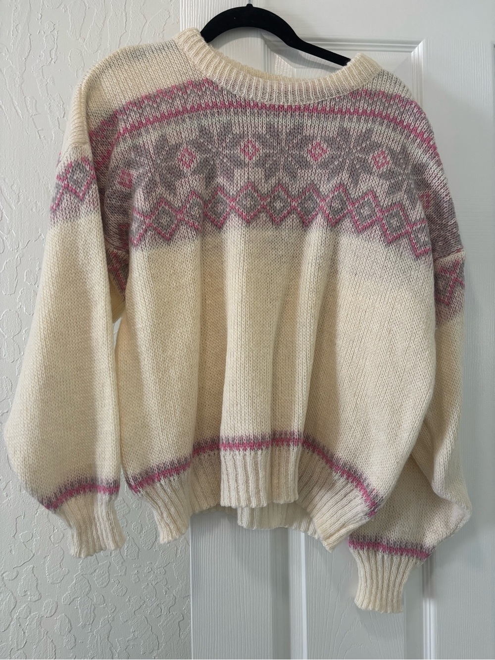 Norlender Cream Crewneck Sweater with Pink and Gray Fair Isle